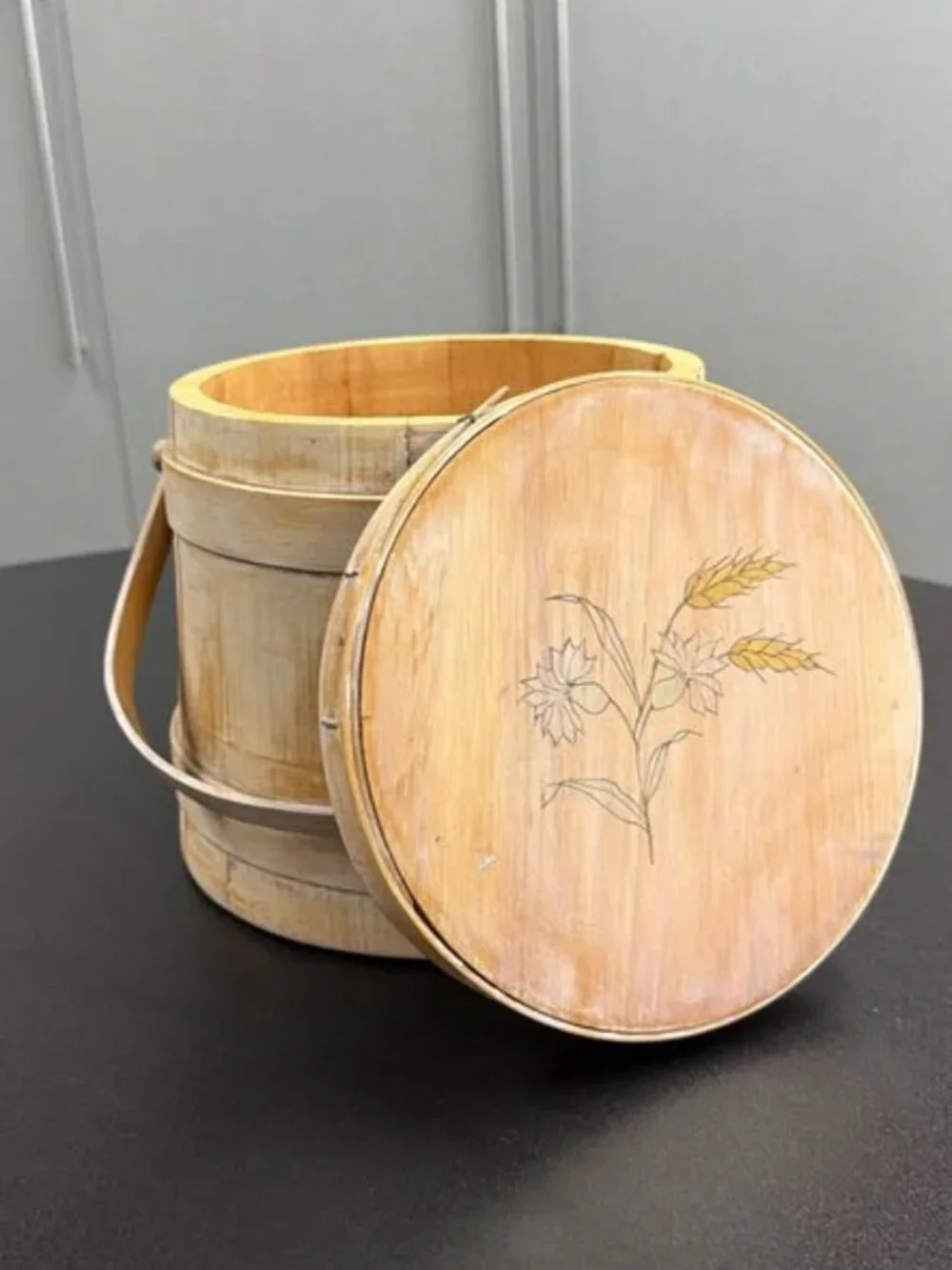 Vintage Wooden Firkin Bucket with Lid